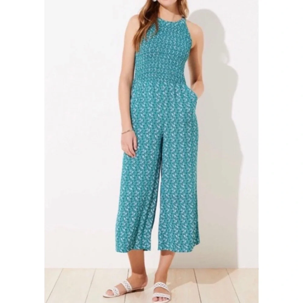 LOFT Jumpsuit 6 Green Floral Smocked Halter‎ Neck Wide Leg Sleeveless